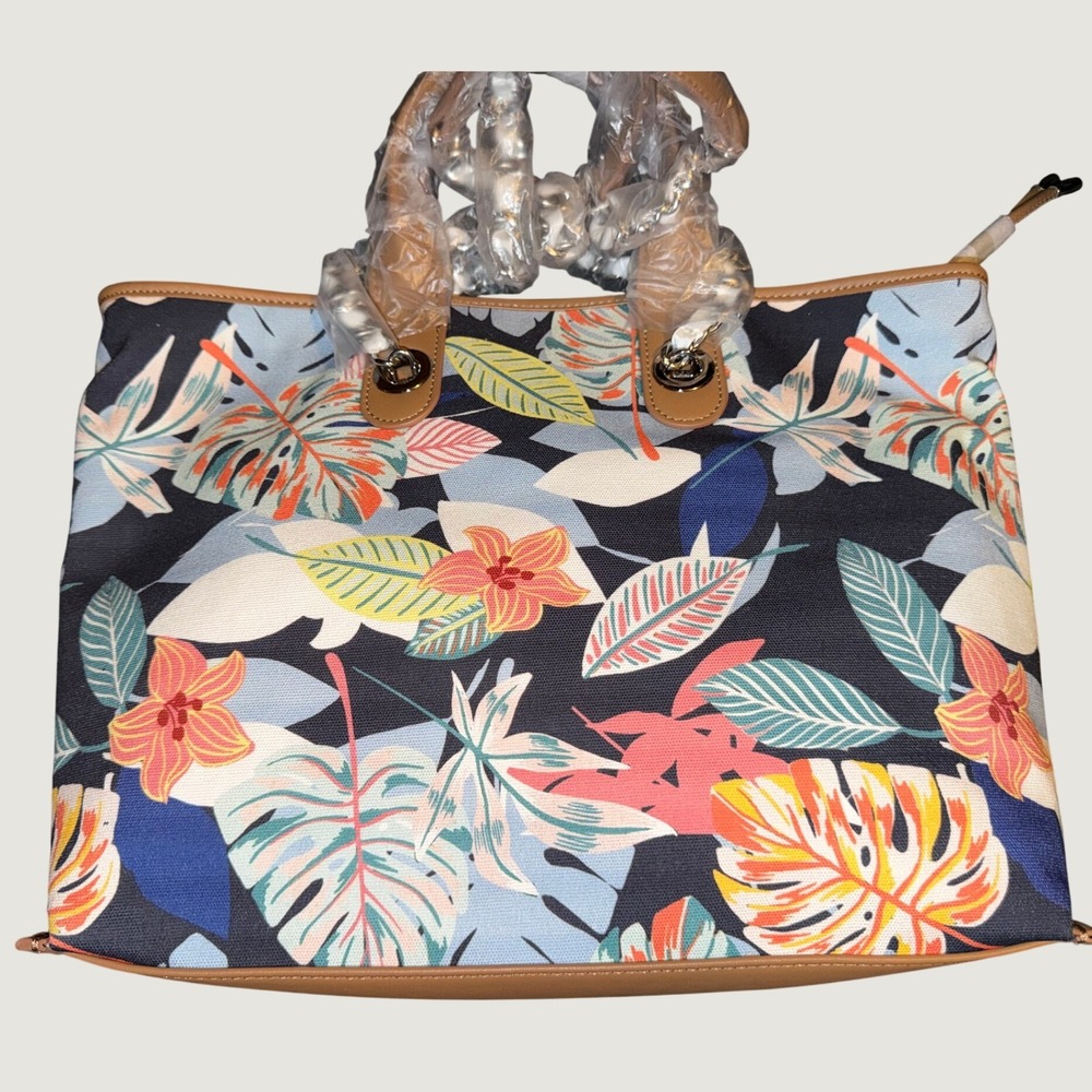 Naturalizer Tropical Floral Canvas Tote Bag Navy Coral Tan Leaf Print Travel